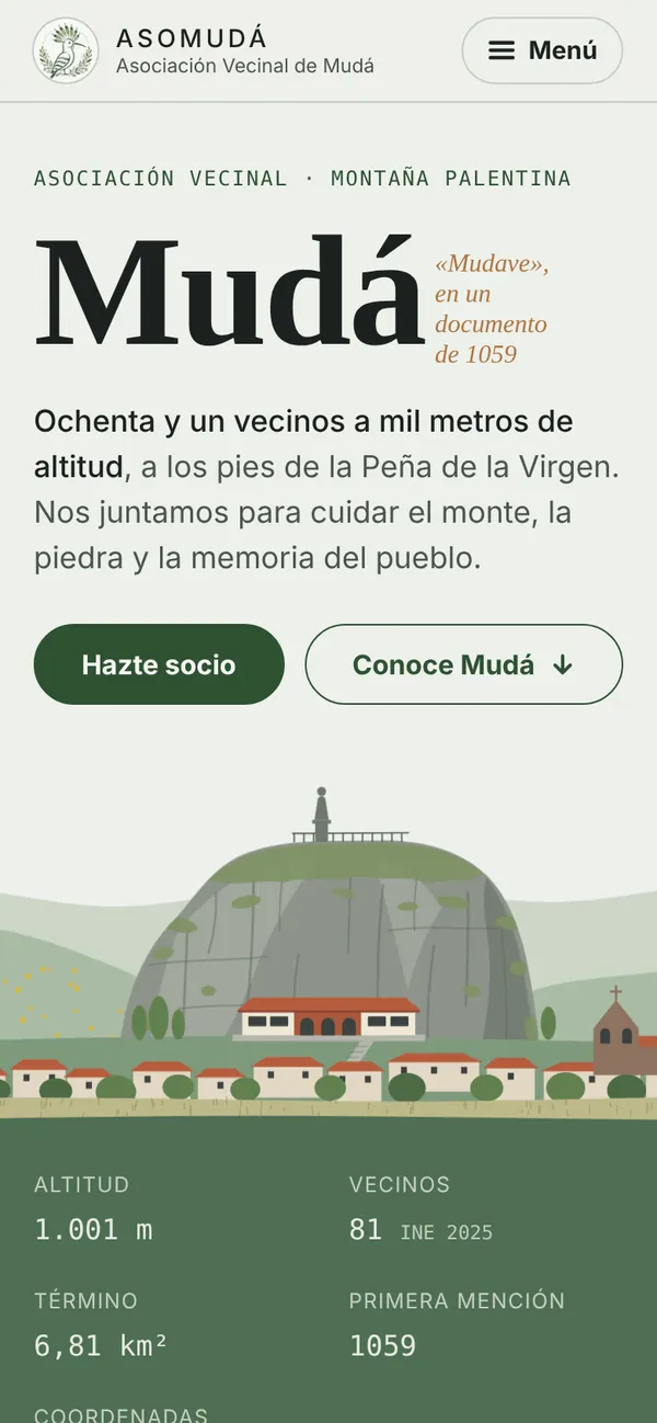 Asomudá home page on a phone, with the illustration of the rock