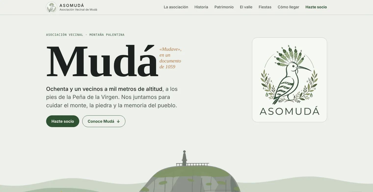 Asomudá home page with the hoopoe from its logo