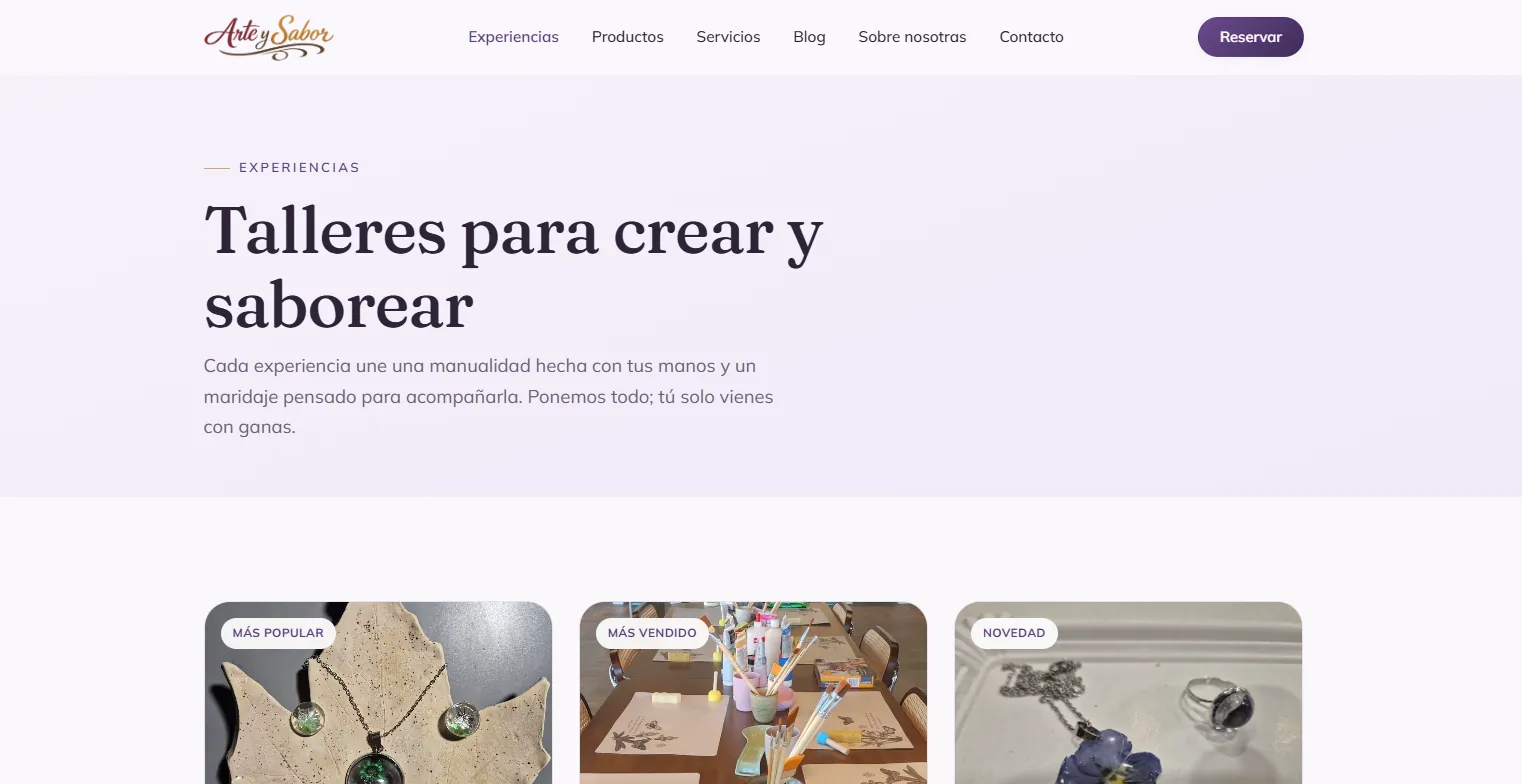 Página de experiencias de El atelier con sus talleres
