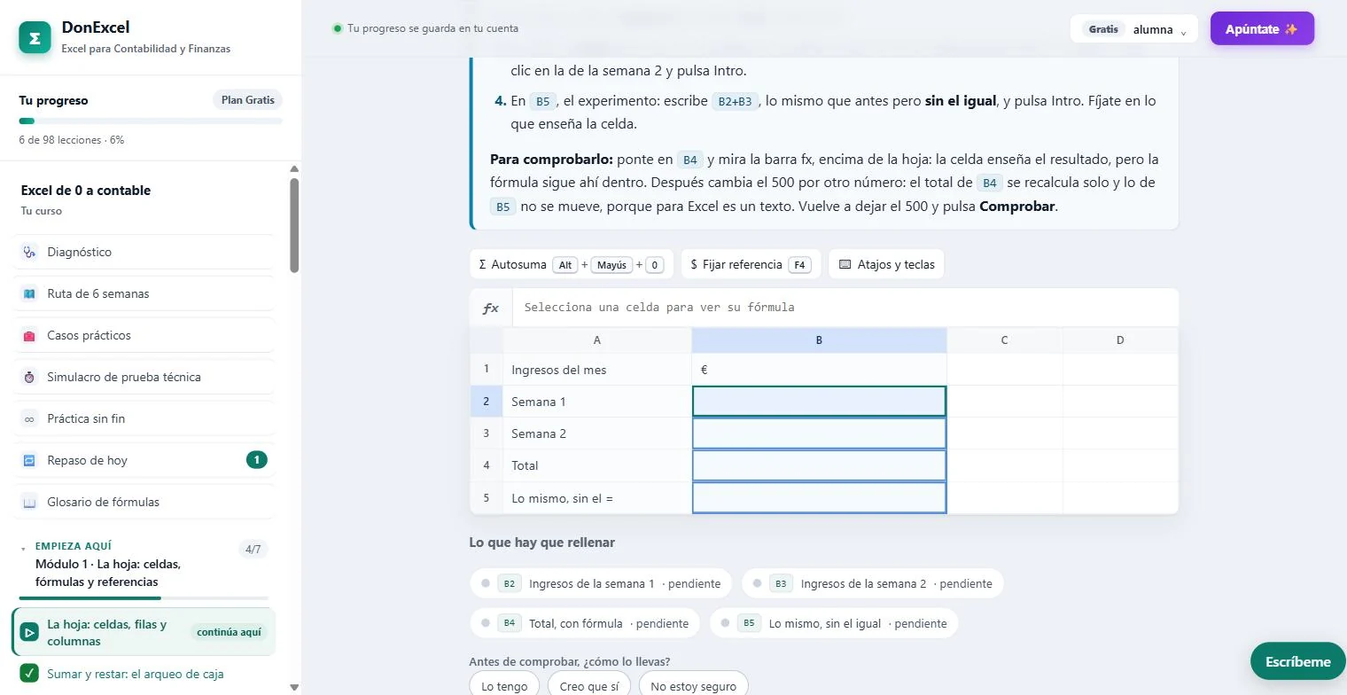 Una lección de DonExcel con la hoja de cálculo y las casillas por rellenar