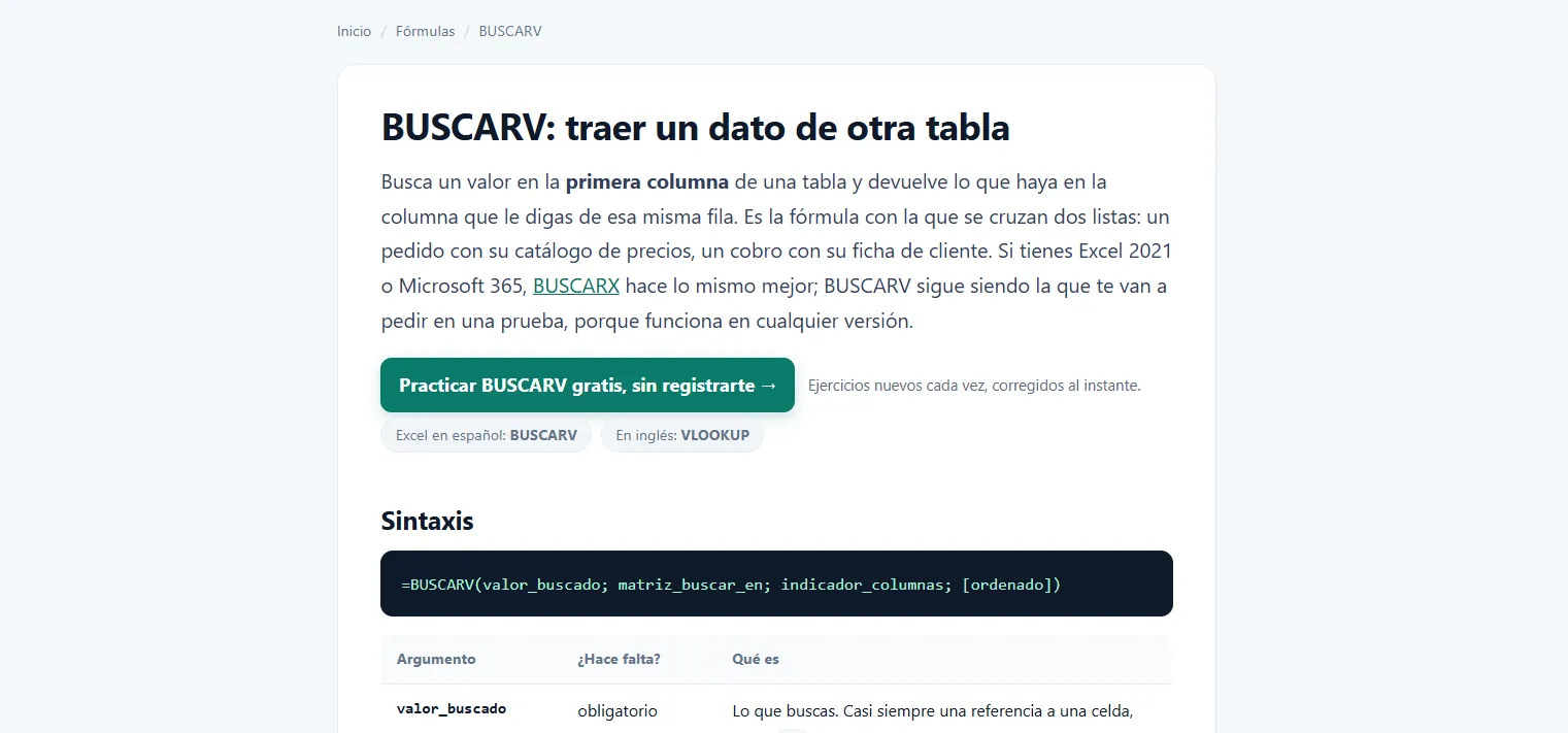 Guía de BUSCARV de DonExcel con el botón para practicarla gratis