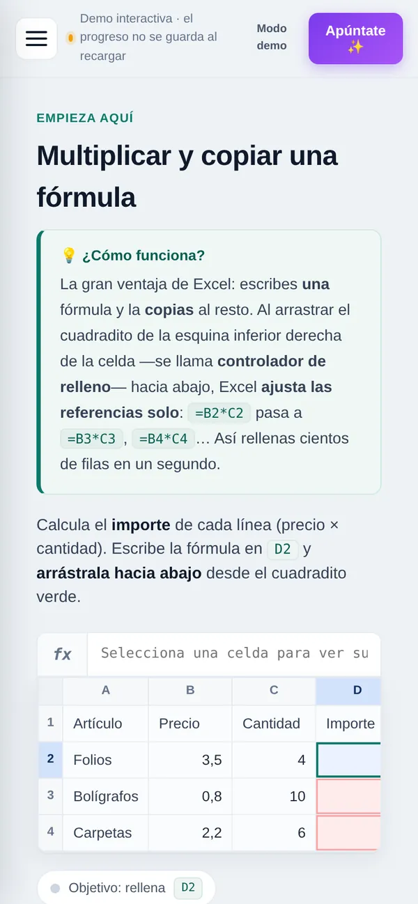 Una lección de DonExcel en el móvil, con la casilla por rellenar