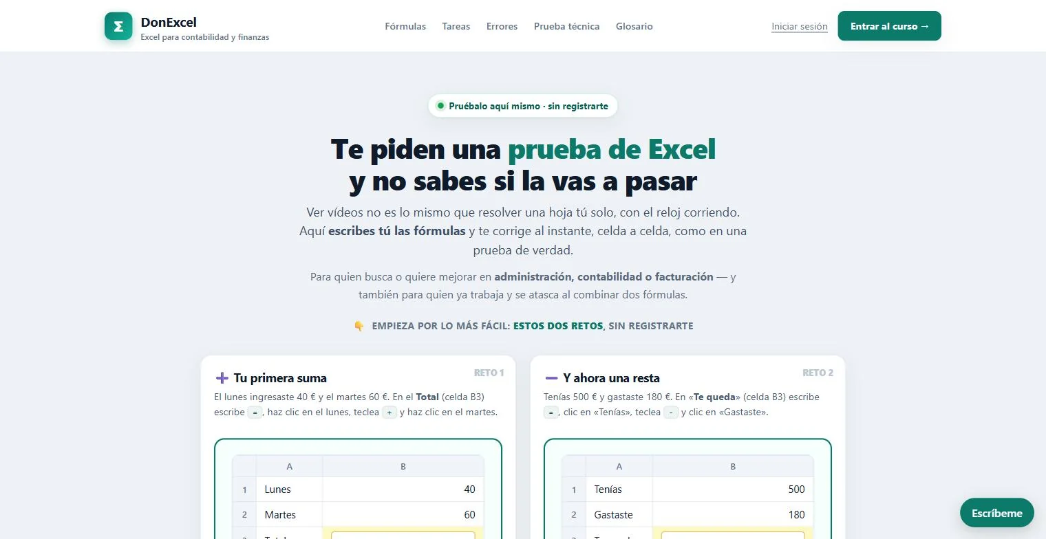 Portada de DonExcel con dos retos de Excel para probar sin registrarse