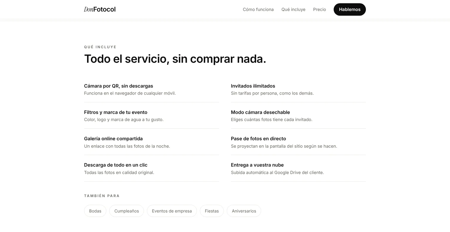 Lo que incluye DonFotocol: cámara por QR, galería compartida, pase en directo y entrega a la nube