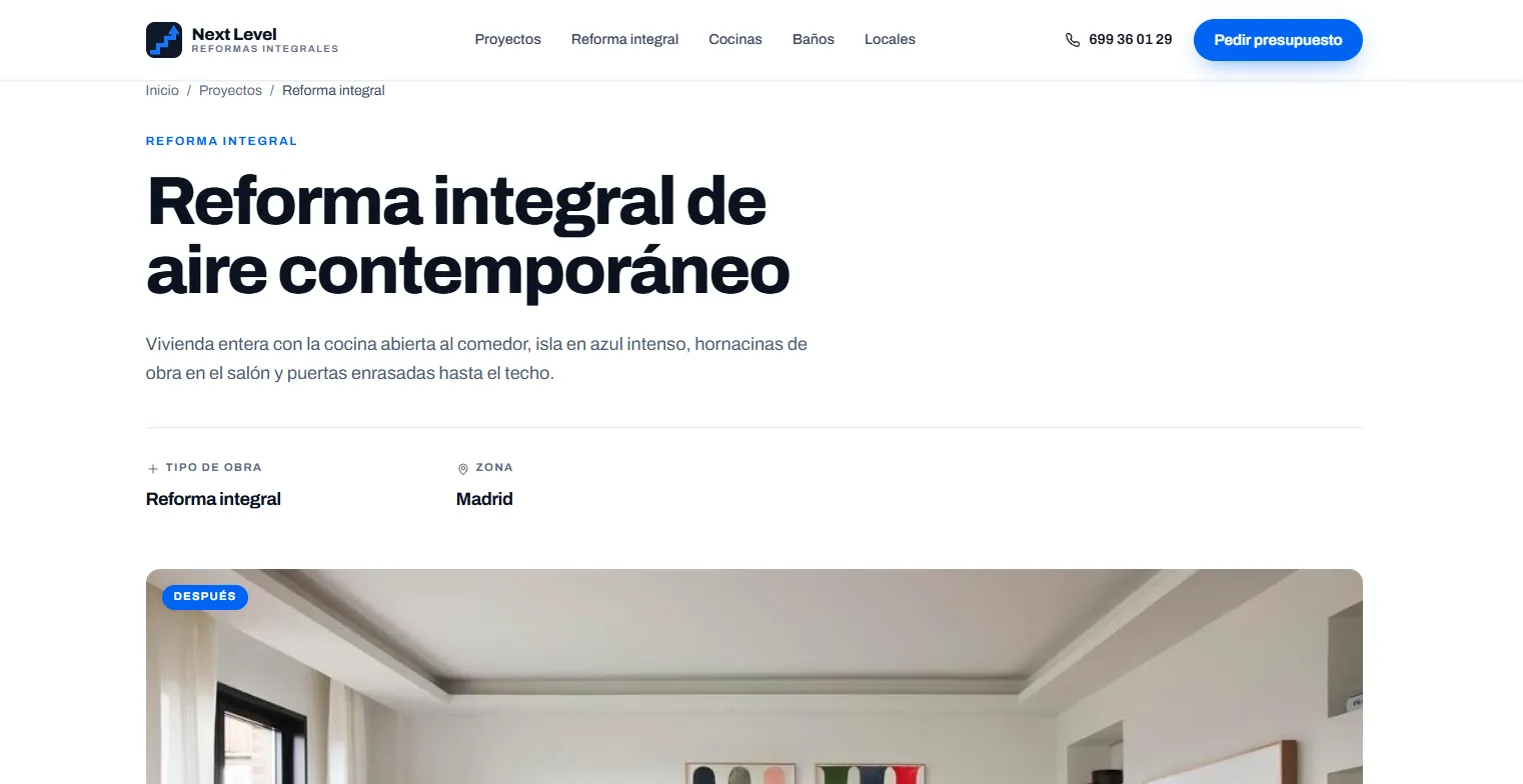Ficha de una reforma integral en Madrid, con su tipo de obra y su zona