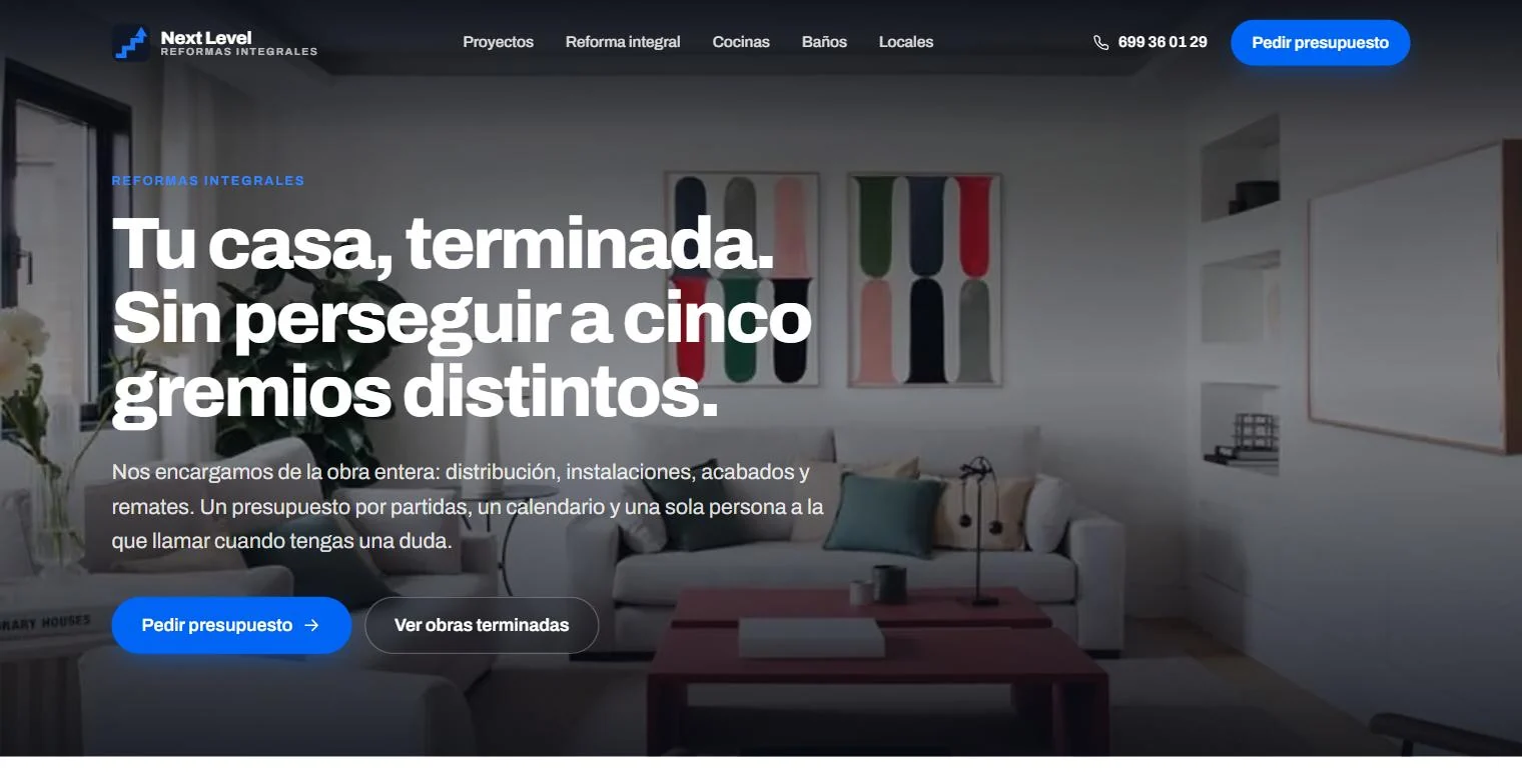 Portada de Next Level Reformas con un salón reformado