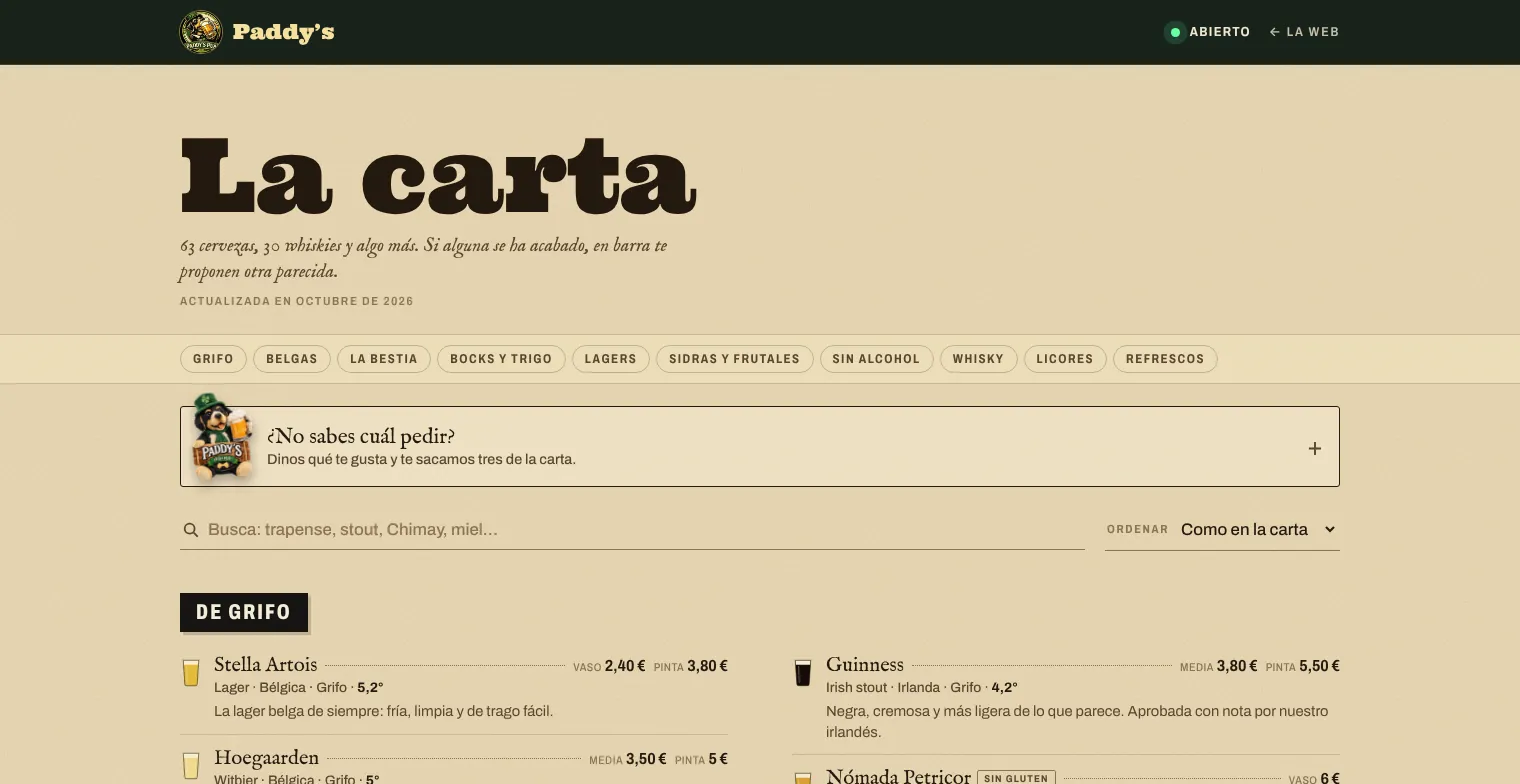 La carta de Paddy’s, con su buscador y las cervezas de grifo