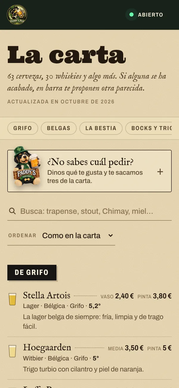 La carta de Paddy’s en el móvil, con el buscador y las cervezas de grifo